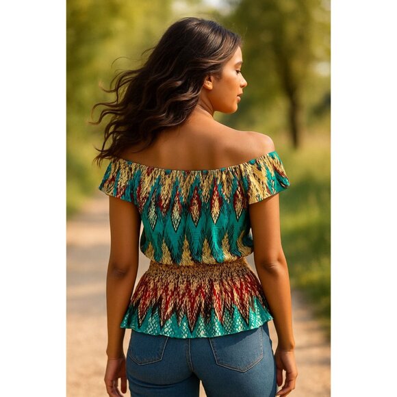 ACE Fashion Boho Peasant Blouse Festival Top Colorful Smocked Waist Ruffle Hem - Picture 4 of 11